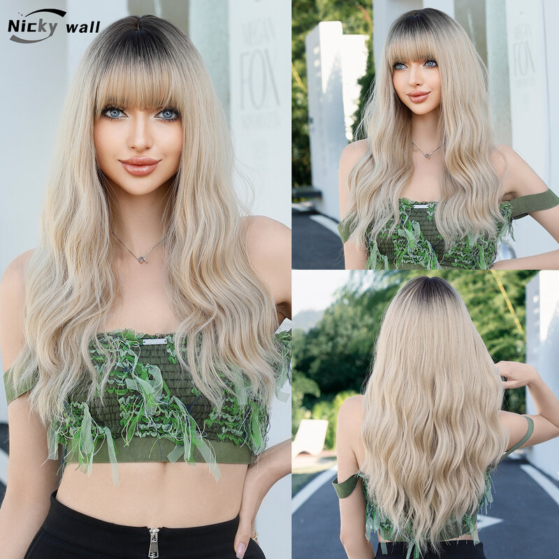 Długie faliste syntetyczne peruka z grzywką ciemne korzenie Ombre Ash peruki blond dla kobiet naturalne peruki odporne na ciepło sztuczne włosy codziennego użytku