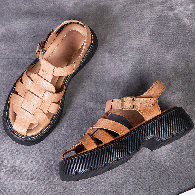 AIYUQI Sandals Women Summer 2023 New Genuine Leather Baotou Roman Sandals Ladies Retro Hollow Woven Women Sandals