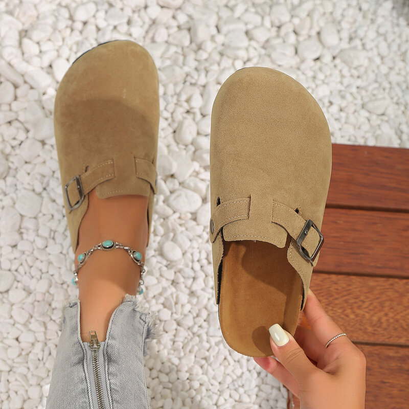 Women Casual Slippers Solid Color Round Toe One-Step Slip-On Cork Slides Sandals 2024 Fashion New Female Footwear