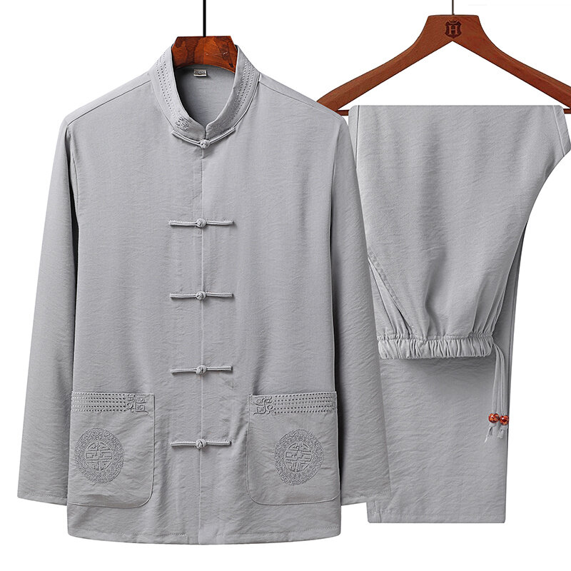 Abrigos y pantalones bordados de lino y algodón para hombre, ropa de Tai Chi, Otoño, traje Tang Wushu, Primavera