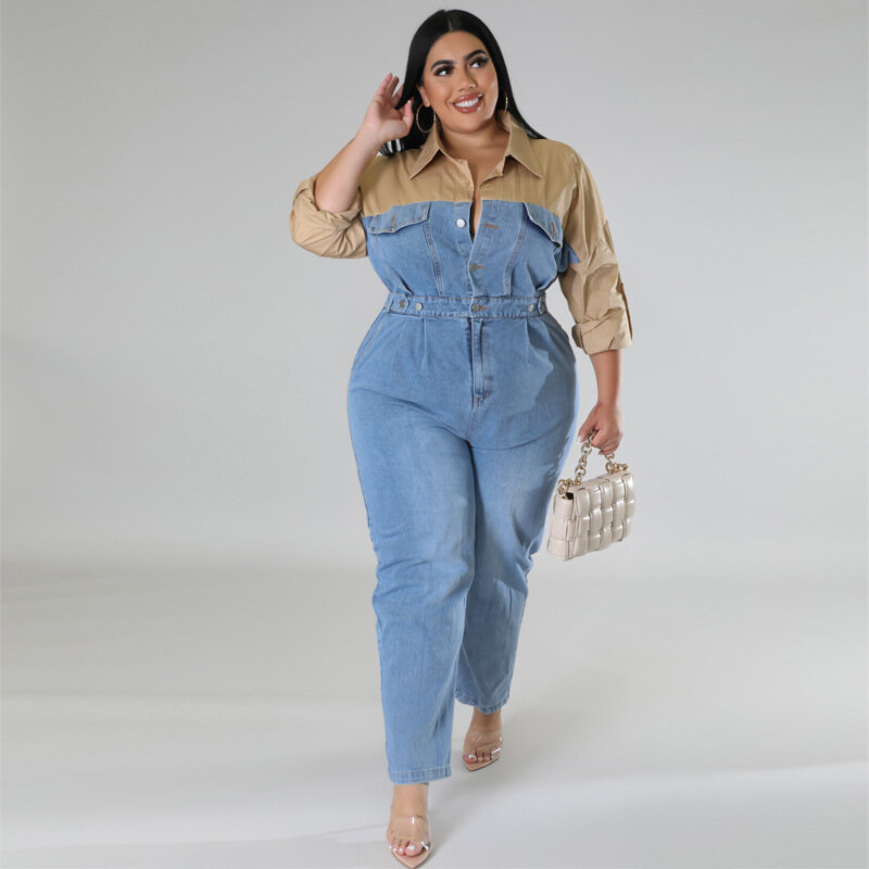 Jumpsuit Pesta Elegan Ukuran Plus untuk Wanita Pakaian Satu Potong Kain Perca 2023 Celana Jeans Wanita Musim Semi Celana Denim Desainer Wanita
