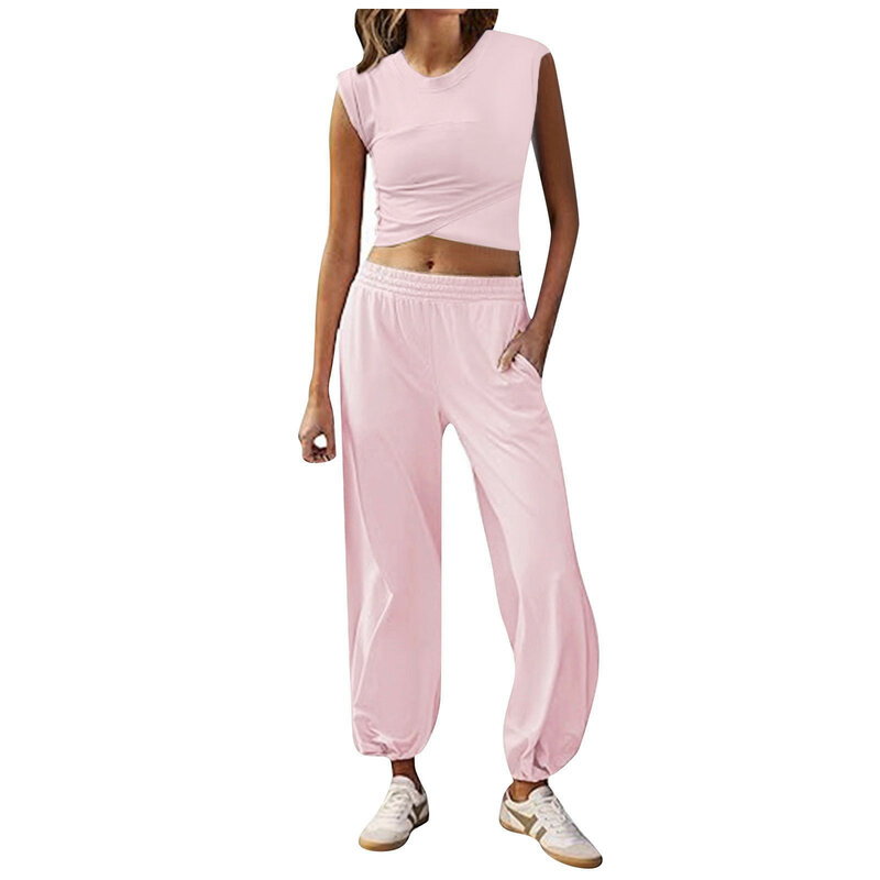 Women Tracksuit Outfits Solid Color Sleeveless Cropped Tops+Harem Pant 2 Piece Set Elastic Waist Sweatpants Casual Pants Sets