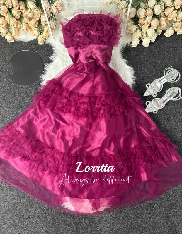 Lorrtta-フクシアチュールイブニングドレス、ティアードフリルパーティードレス、Aラインストラップレス、ティーレングス、足首の長さ、プロムのシーン