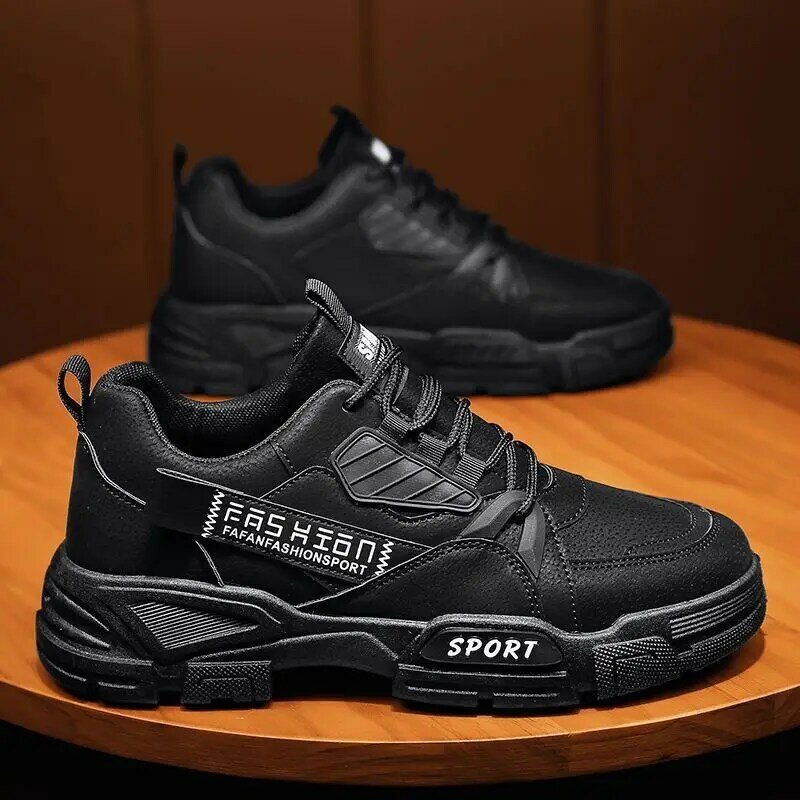 Sepatu vulkanisir pria Fashion 2024 sepatu Platform bertali sepatu Sneakers kulit PU desainer sepatu kasual untuk pria Zapatillas De Hombre