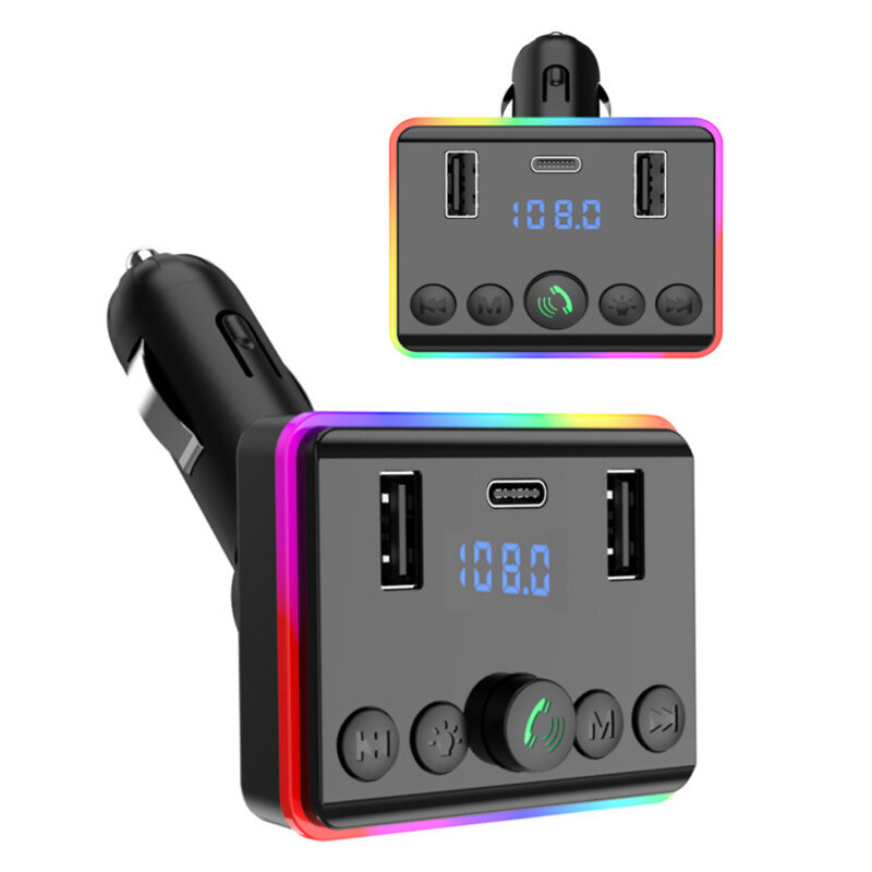 Transmissor FM Bluetooth sem fio para carro, PD Tipo-C Dual USB Modulador Luz, Mãos Livres MP3 Player, Carregador Lâmpada Atmosfera, 3.1A