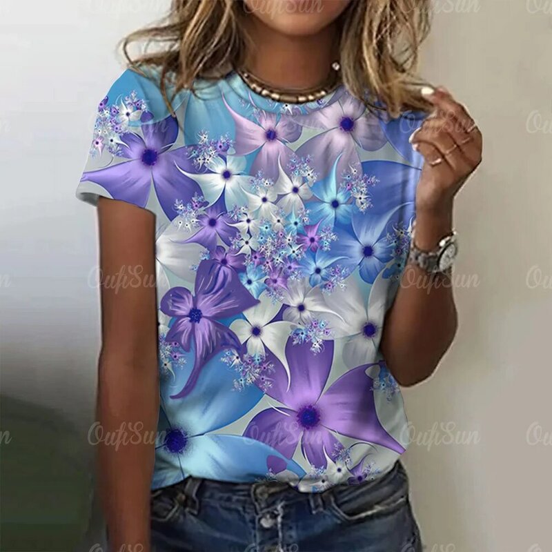 女性の抽象的な花のプリントTシャツ、カジュアルなプルオーバー、ルーズな半袖Tシャツ、女性の服、夏のファッション、2024