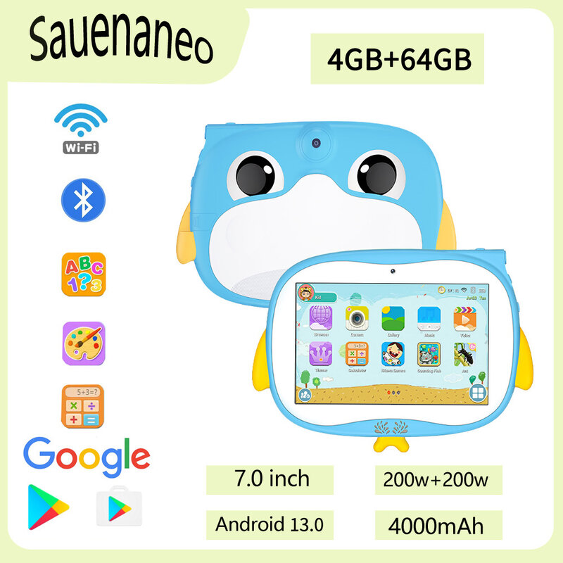 Sauenaneo 7.0-Inch Kindertablet Android 13 Quad Core 4Gb + 64Gb Ingebouwde Kindersoftware Geïnstalleerd
