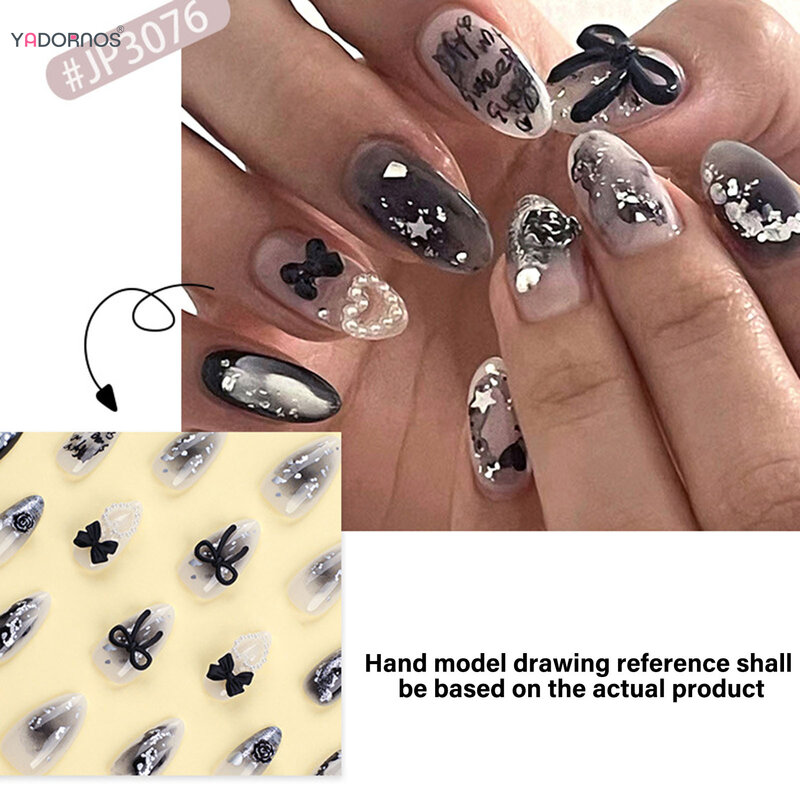 블랙 아몬드 가짜 손톱, 3D 꽃 나비 매듭, 디자인 진주, 손톱 전체 커버 착용 가능한 가짜 손톱 팁, Y2K