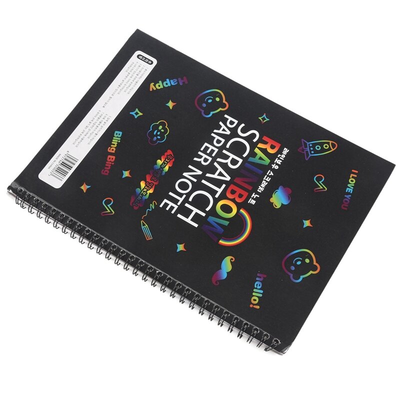 大きな魔法の色の虹のスクラッチ紙のノートブック、黒、DIYの描画おもちゃ、スクラップペイント、子供の落書き、2x、19x26cm