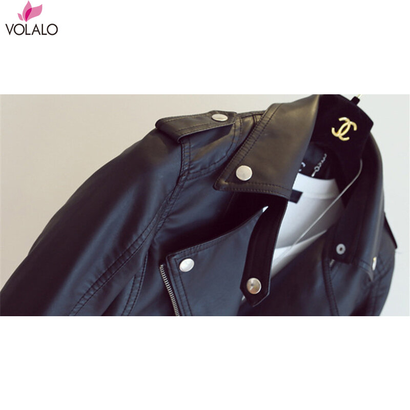 VOLALO-Jaqueta de couro falso clássica para mulheres, Outwear feminino, casaco preto, gola virada para baixo, motociclista, outono