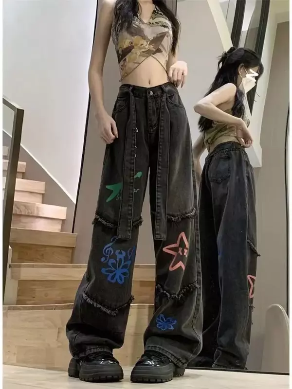 Calça Jeans com Estampa Estrela de Cintura Alta Feminina, Borda Crua, Perna Reta, Fina, Design Sense Chinês, Outono, Ins