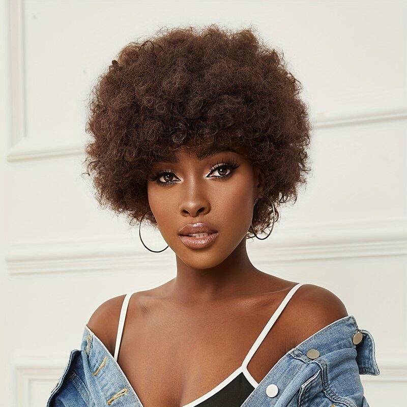 Glueless curto Afro Puff Wig para mulheres negras, cabelo humano brasileiro, Bob perucas, cor natural, Remy Afro, Kinky Curly Hair Wigs, 150%