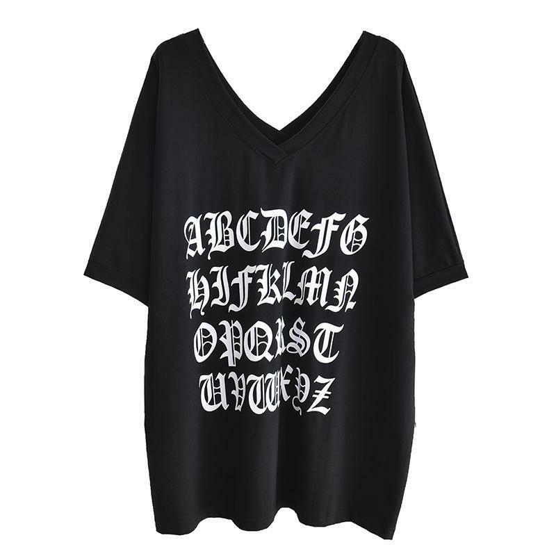 Street Casual V Neck Loose T Shirts Summer New Short Sleeve Solid Color Letter Print All-match Tops Vintage Trend Women Clothing