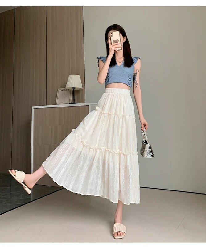 Real Photos Splicing A-line Skirt Summer New Fashion Street Trendy All-match Pleated Lace Fungus Midi Skirts For Women