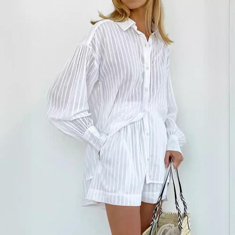 100% Cotton Striped Bubble Sleeve Shirt Tops Loose High Waist Shorts Sets for Woman Casual Fashion New Lady Homewear Pajamas