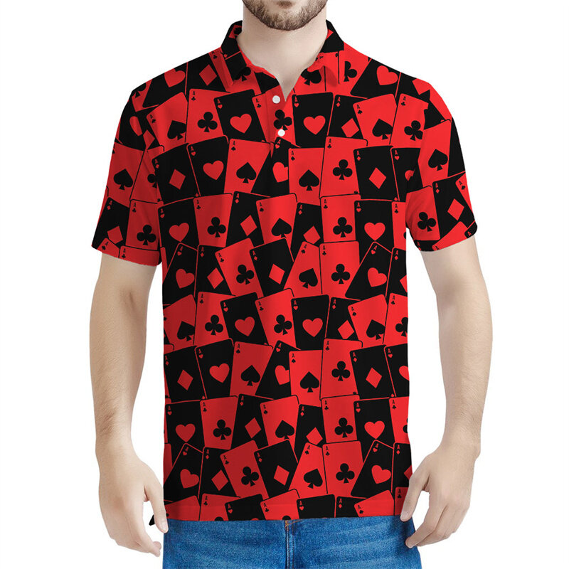 Футболка-поло мужская с принтом в виде казино, модная рубашка с отворотом покера и 3D принтом, летняя уличная одежда с короткими рукавами, топы на пуговицах, свободная футболка