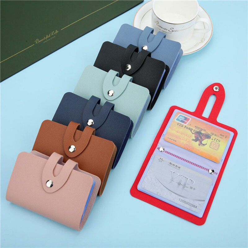 Solid Color Card Bolsa protetora, Business ID Card Storage, PU Credit Bank Card Holder, Buckle Bag, 24 Slots