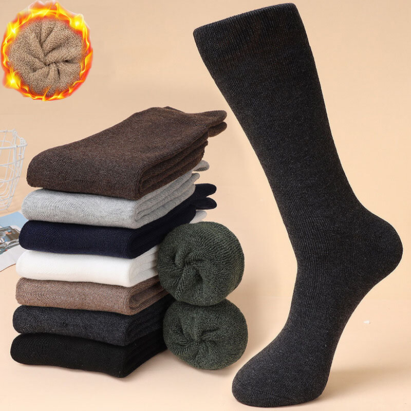 5 Paar Winter Heren Verdikte Warme Badstof Sokken Met Hoge Kwaliteit Comfortabele En Warme Effen Kleuren Business Mid Tube Sokken
