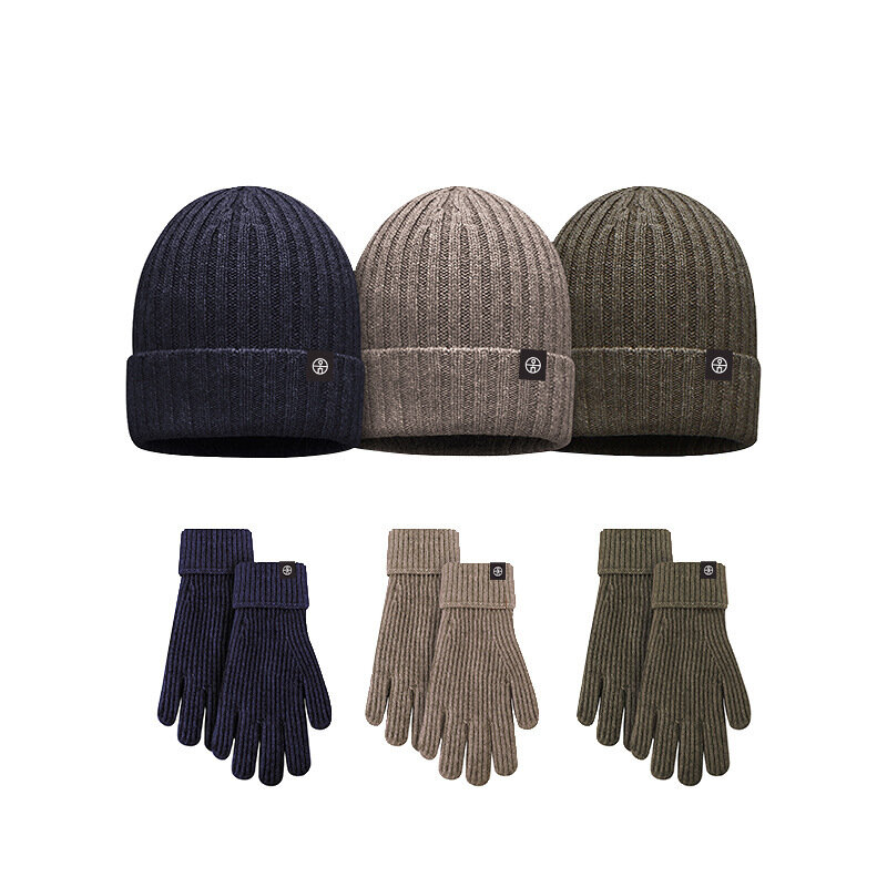 Chapéu e luvas de lã para homens e mulheres, à prova de vento, quente, macio, listrado, tela sensível ao toque, 2 pcs, inverno