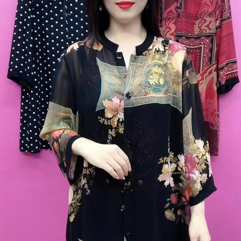 Женская блузка контрастных цветов, элегантная Свободная Повседневная рубашка средней длины на пуговицах с круглым вырезом и принтом, лето 2024