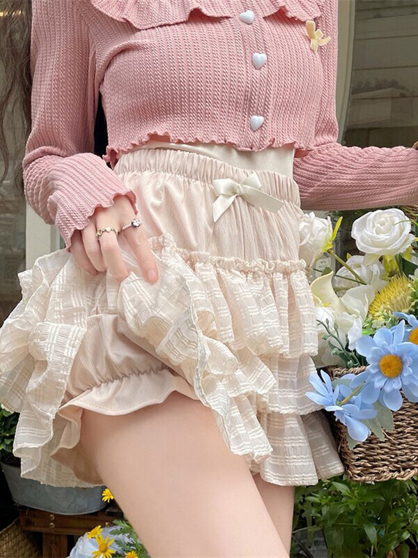 Women's 2024 Summer Shorts Skirts Casual Solid Color Stretch Ruffle Cake Skirts Mini Skirts for Beach Vacation Club Streetwear