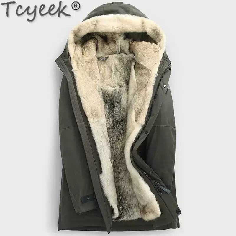 Tcyeek-Chaqueta de piel auténtica para hombre, abrigos con capucha, Parkas de longitud media, ropa de piel de Lobo, abrigo grueso informal LM, 2022