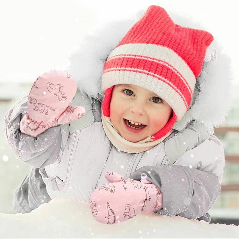 Dinosaur Print Kids Gloves 2-6Y Plush Waterproof Winter Warm Gloves Thickened Fleece Windproof Baby Mittens Girls Boys