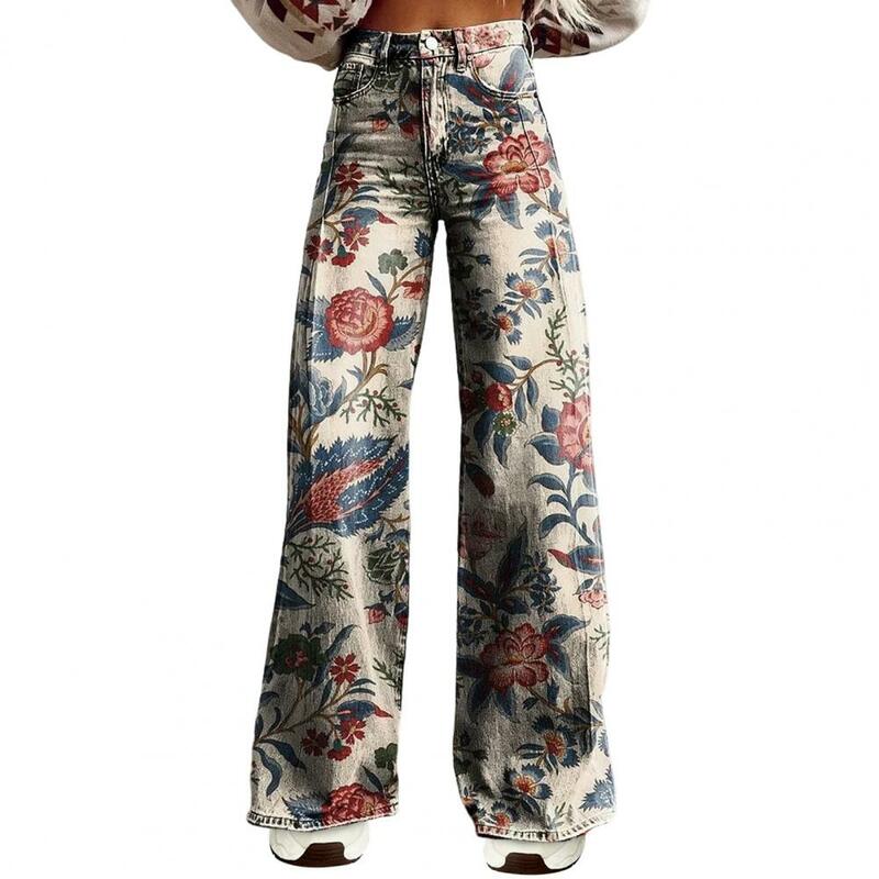 Calça casual retrô solta feminina, meio-rise, botão, zíper, voar, perna larga, bolsos longos, estampa floral digital, verão