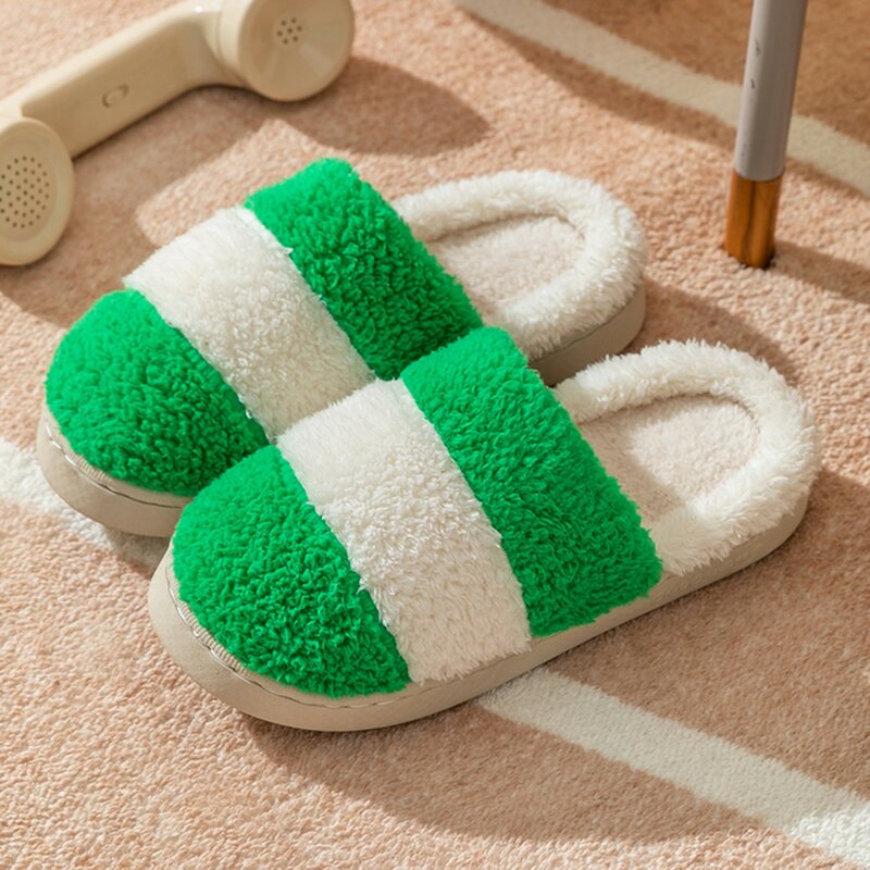 Winter Couples Warm Home Plush Slippers Soft Bottom Striped Comfortable Flat Non Slip Cotton Women Slippers Bedroom Shoes 2023