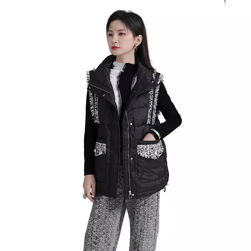 Down Jacket feminino com borla, colete sem mangas, patchwork, elegante, adequado para outono e inverno