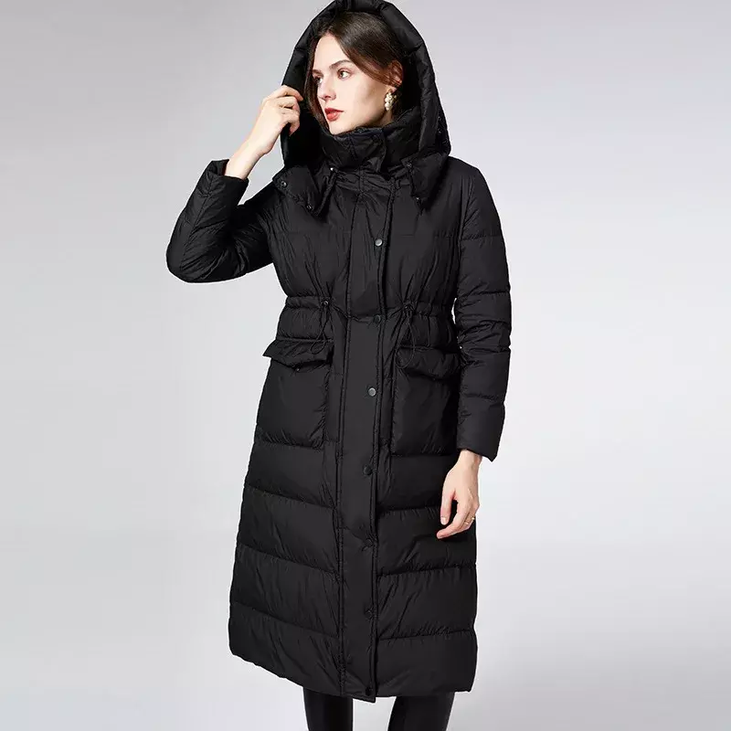 Sudaderas con capucha de esquí cálidas para mujer, abrigos de plumón de pato blanco, largos abrigos negros a prueba de viento de alta calidad, Invierno 2024