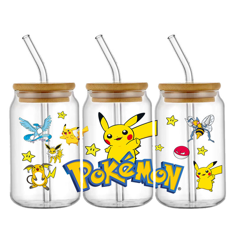 Niedliche Cartoon Pokemon Pikachu UV Dtf Transfer Glas Aufkleber wasserdichte Transfers Aufkleber für 16 Unzen Glas Tasse Wrap Aufkleber
