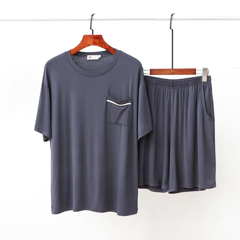 Men Solid Modal 2Pcs Shirt&shorts Casual Round Neck Home Clothes Oversize 3Xl Pajamas Suit Baggy Elastic Waist Sleepwear