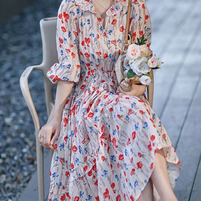 Vestido longo de fada francês feminino, saia para chá, elegante estilo retrô de deusa temperamento estampado, primavera