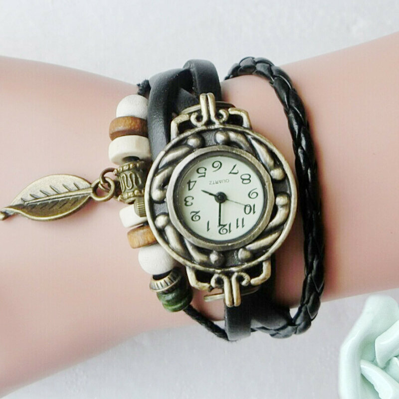 Jam tangan gelang kuarsa Dial bulat kulit imitasi Punk Pria Wanita Vintage jam tangan