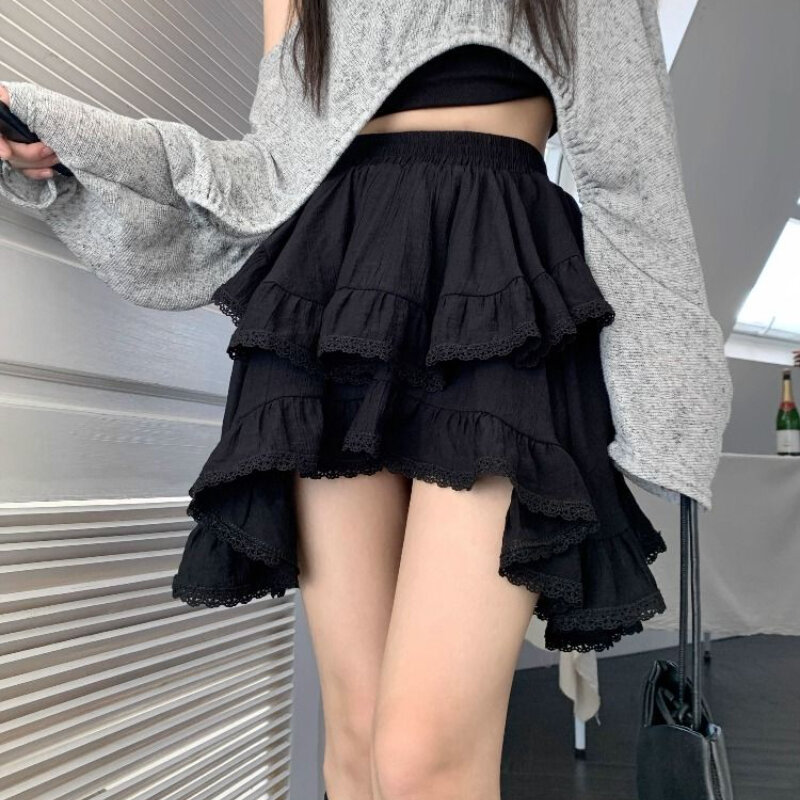Mini saia com babados Deeptown para mulheres, kawaii, estilo japonês, saia irregular, renda doce, patchwork branco, saia curta preta casual elegante