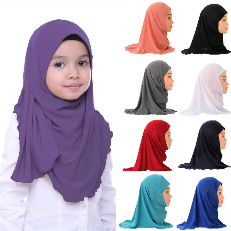 Hijab anak warna Solid, jilbab anak perempuan Muslim, syal Islami, peregangan lembut untuk anak perempuan usia 2 sampai 7 tahun 50cm