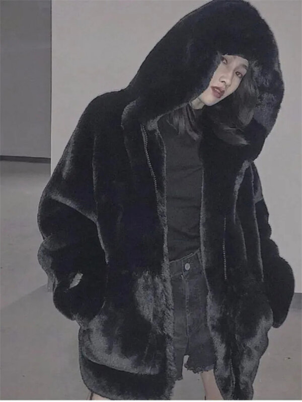 Теплые свободные куртки с капюшоном из искусственного кроличьего меха, утепленные корейские Плюшевые куртки, зимние высококачественные пальто, женское роскошное пушистое пальто