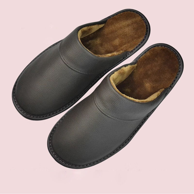 Chinelos impermeáveis de couro PU para homens e mulheres, chinelo interior quente, sapatos de casa, preto, inverno, novo