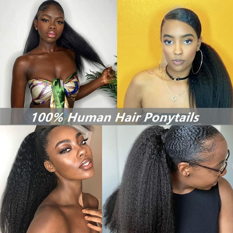 Kinky Straight Ponytail Human Hair Extension 100g Wrap Around Clip In Ponytail Natural Black #1B Remy Indian 10-26inch For Women