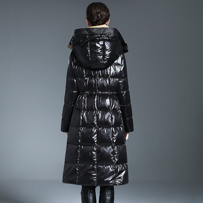 Mantel panjang bertudung untuk wanita, mantel hangat musim dingin 2023, Mantel Eropa modis kelas atas warna hitam, pakaian salju parka wanita