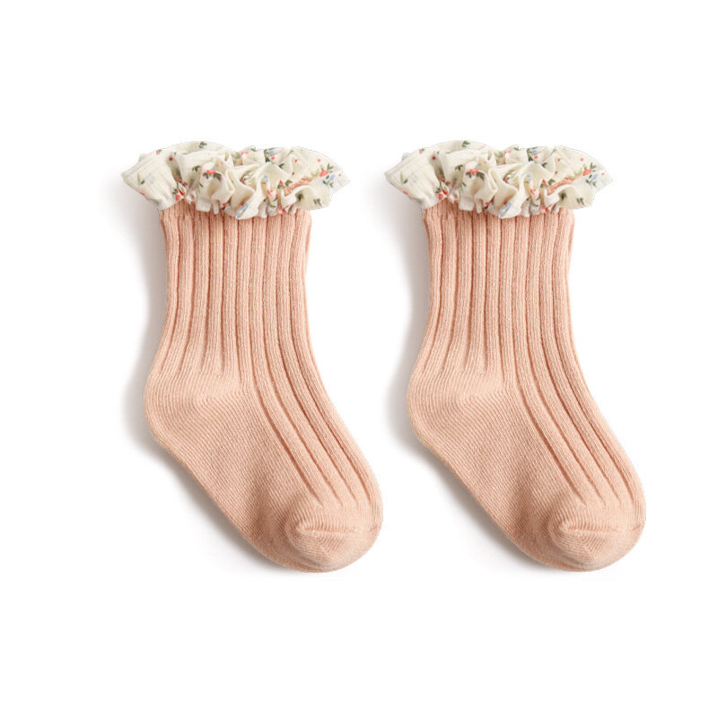 Calcetines largos de algodón para bebé, medias con volantes florales, de 0 a 8 años, Primavera