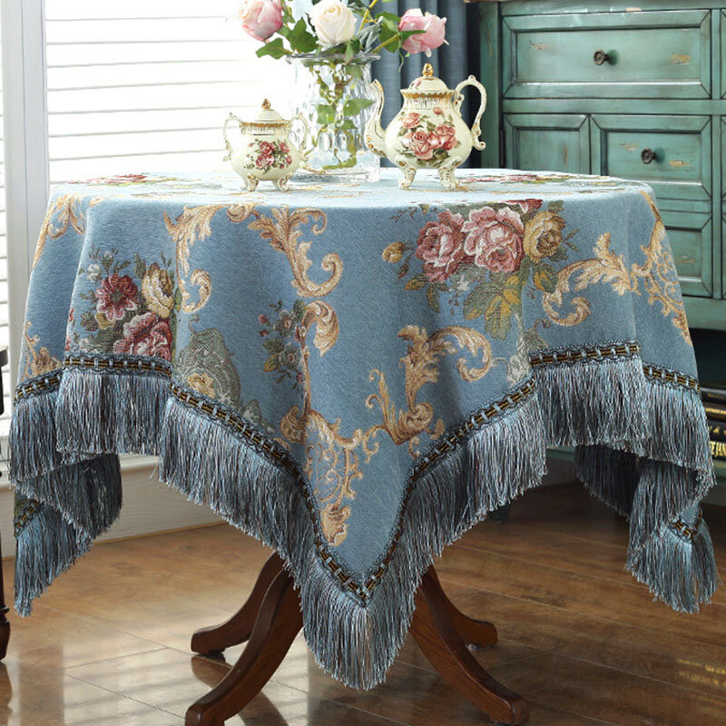 ยุโรปสไตล์ Chenille ผ้าปูโต๊ะหนาผ้าตารางสี่เหลี่ยมผืนผ้า,Tassels Jacquard ป้องกันฝุ่นโต๊ะทานอาหารผ้า
