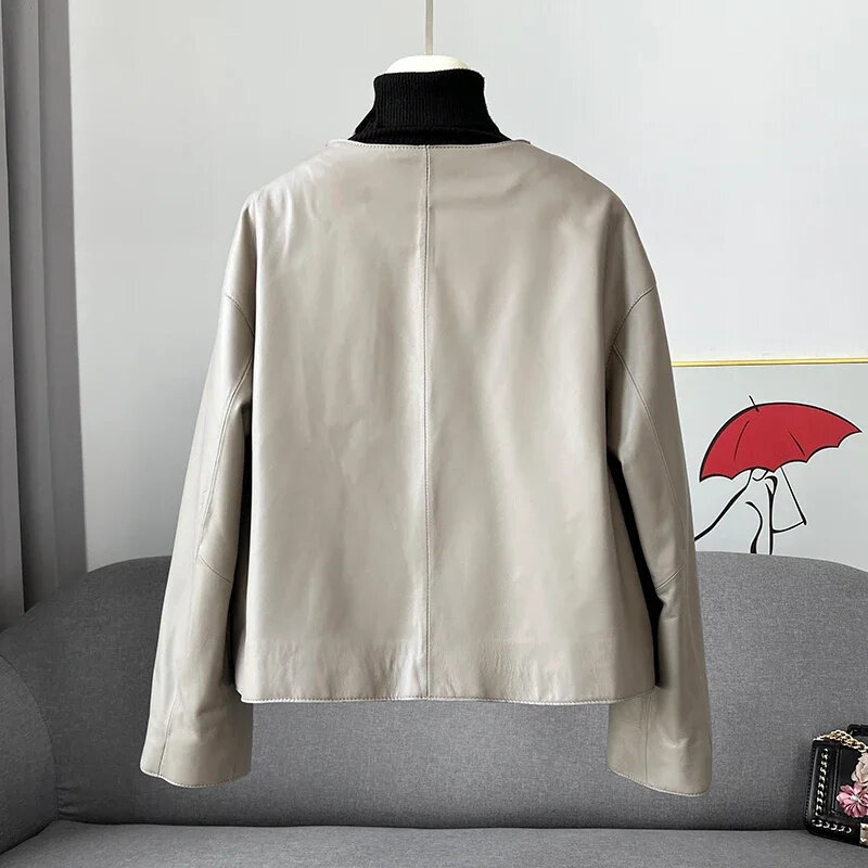 Jaqueta de couro genuíno feminina, casaco de pele de carneiro pura, estilo curto, roupas simples, roupas femininas, nova, primavera 2022