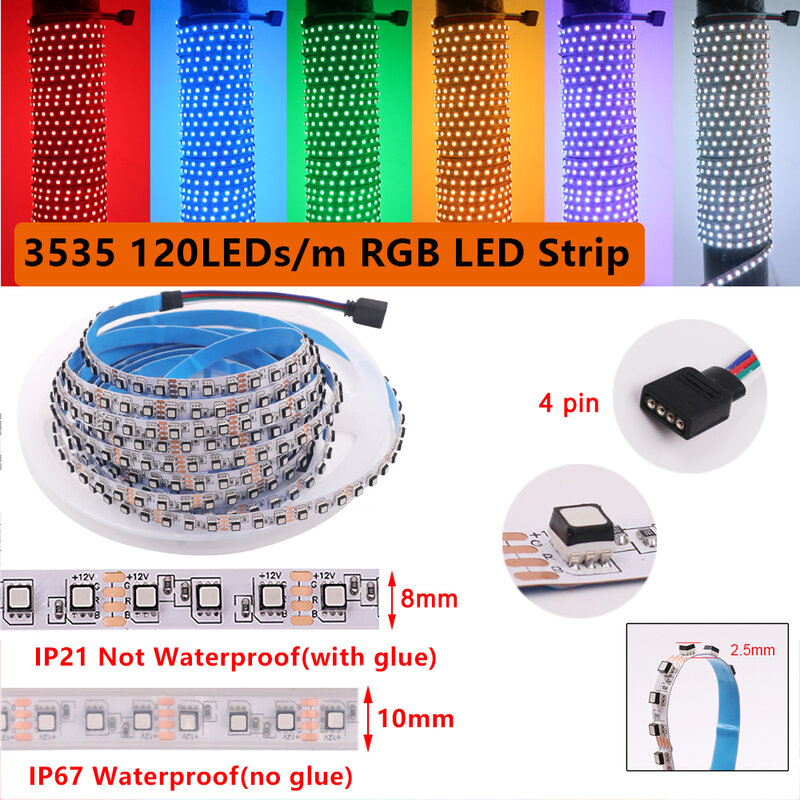 RGB LED 라이트 스트립, 방수, 5mm, 8mm, 10mm, PCB 폭, SMD 3535, 60, 120, 180LEDs/m, 변경 가능한 유연한 LED 테이프, 5 M/Lot, 12V 4 핀