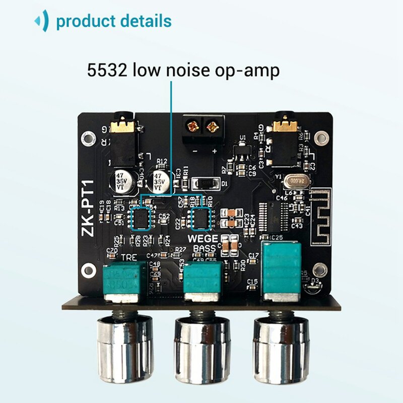 Papan Decoder Bluetooth 5.0 Stereo dua saluran, ZK-PT1 papan Amplifier pra-modul nada tinggi dan rendah