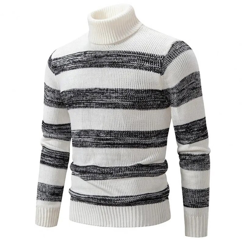Мужской свитер на осень и зиму, полосатый вязаный пуловер с цветными блоками и длинными рукавами, эластичный плотный теплый свитер
