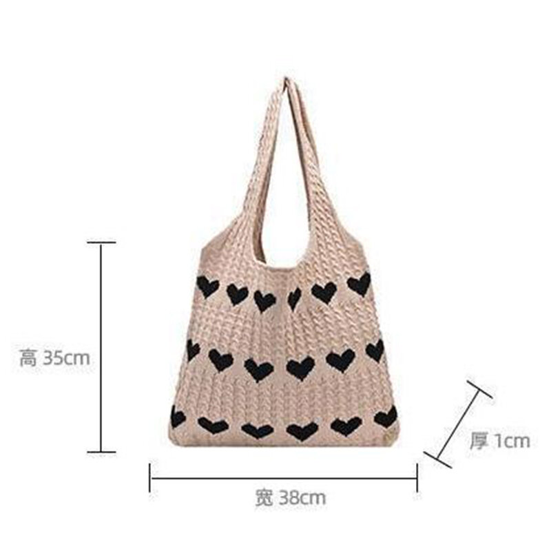 Women Knitted Bag Woven Love Heart  Pattern Wool Portable Shoulder Bag Shopping Bags Workers students daily commuter Bags