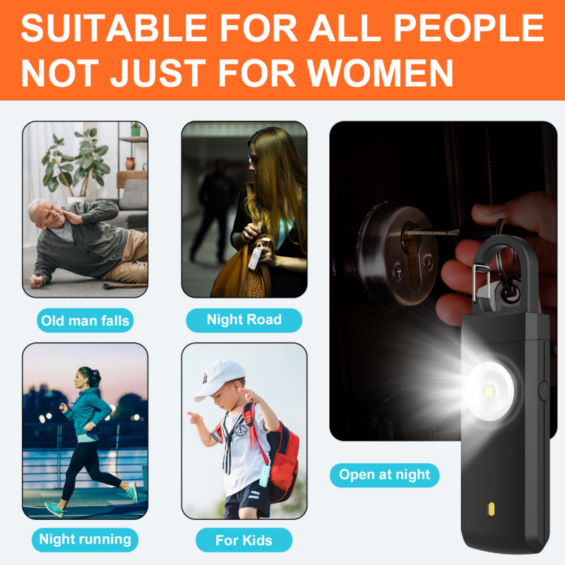 Emergência Self Defense Keychain, SOS Flash Light Tocha, Alarme de Segurança Pessoal, Sirene USB para Idosos e Mulheres, 130dB