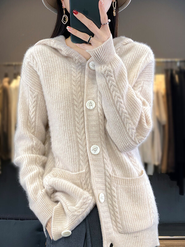 Jesienno-zimowa nowa damska 100% z czystej wełny kardigan z kapturem gruba powłoka skrętu kieszonkowy luźny sweter